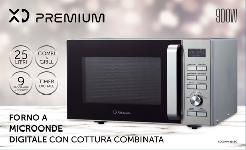 XD Premium XDGANW25SBG forno a microonde Superficie piana Microonde con grill 25 L 900 W Nero, Argento
