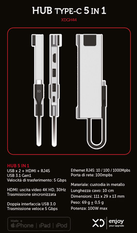 XD Enjoy XDGH44 hub di interfaccia USB 3.2 Gen 1 (3.1 Gen 1) Type-C 5000 Mbit/s Argento