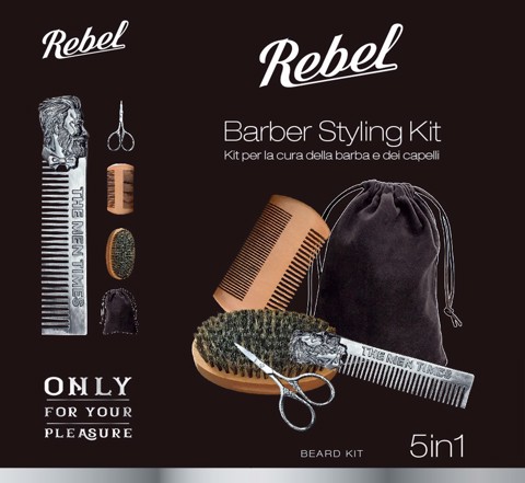 Rebel XDWGBS111 Kit per la cura della barba  e dei capelli contenente Pettine da taschino, Pettine a due lati, Spazzola,  Forbicine di precisione, Sacchetto con legacci