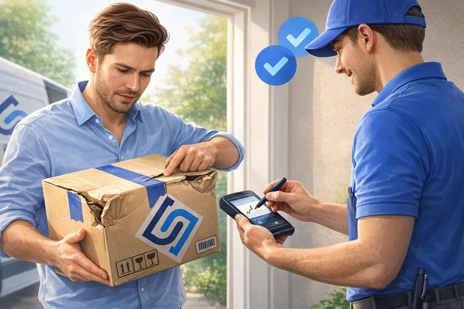 Cliente che riceve un pacco danneggiato e verifica la firma sul palmare del corriere